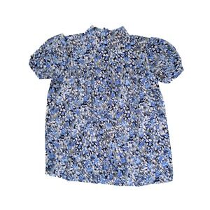 Land's End Blue White Shirred Bodice‎ Short Sleeve Blouse Women's Size 4P